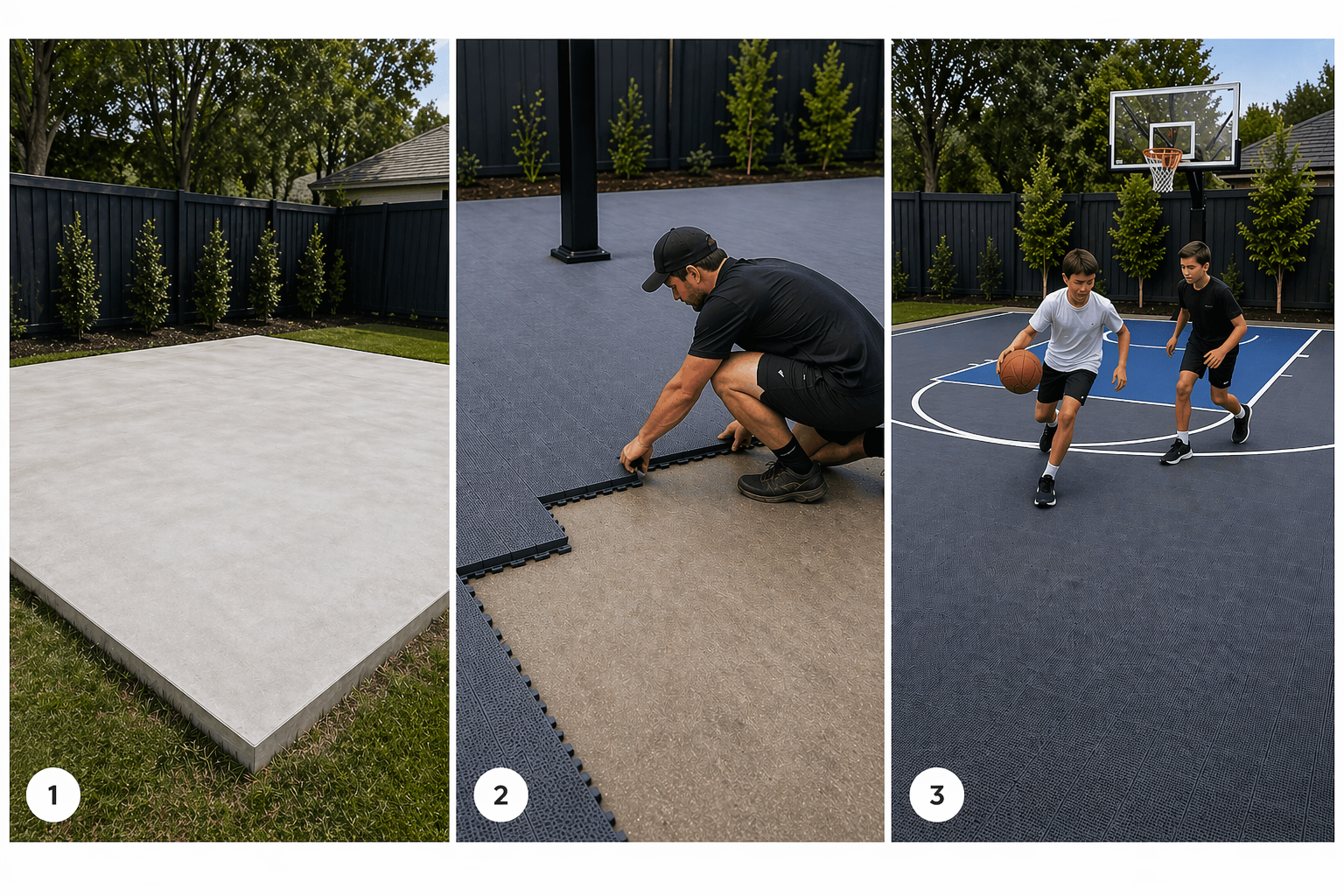 Step-by-step process of installing a basketball court on a concrete surface.